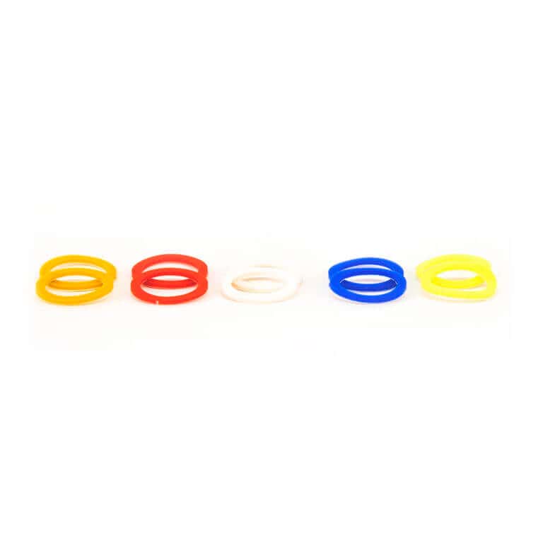 Set of five colorful rubber bands for yo-yo tricks and accessories.