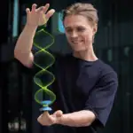 Young man performing a complex yo-yo trick outdoors, showcasing skill and precision.