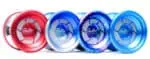 High-performance YoYoFactory Shutter yo-yos in vibrant red, blue, and transparent designs for profes.