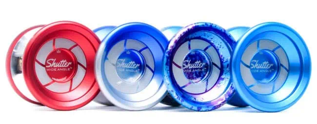 High-performance YoYoFactory Shutter yo-yos in vibrant red, blue, and transparent designs for profes.