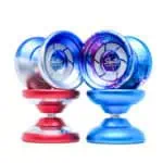 Blue and red Shutter Wide Angle yo-yos for professional yoyo tricks.