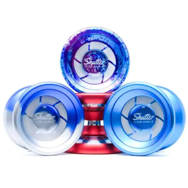Colorful YoYoFactory Shutter yo-yos with wide angle design for professional tricks.