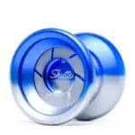 Blue and silver Shuttle Wide Angle yo-yo for professional tricks and performance.