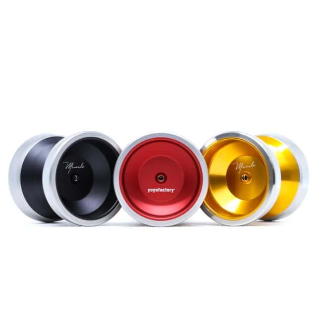 YoyoMini Miracle bimetal pocket yoyo in shiny gold, red, and black colors for advanced yo-yo tricks.