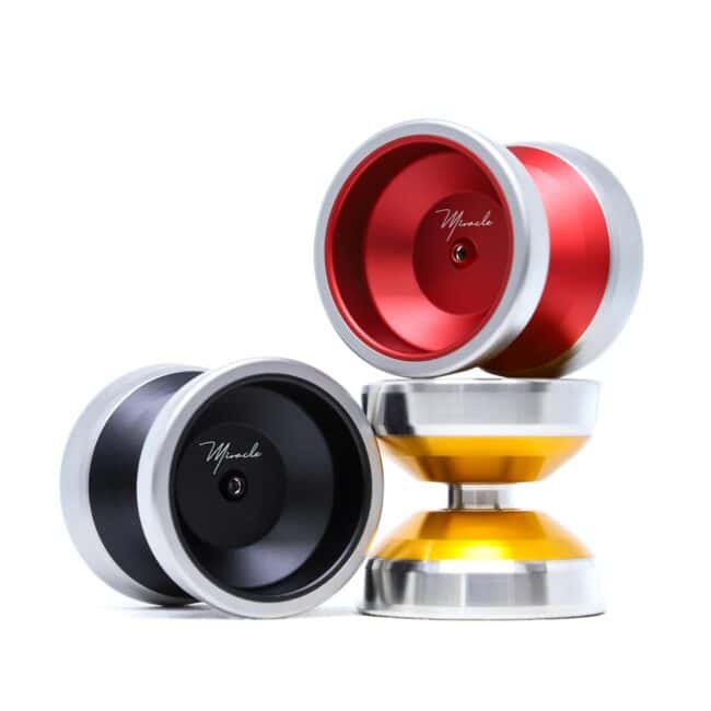 Bimetal Mini Miracle pocket yoyo in shiny gold and black, compact design for tricks.