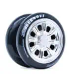 Burnout yo-yo wheel with chrome finish and black outer rim for professional yo-yo tricks.