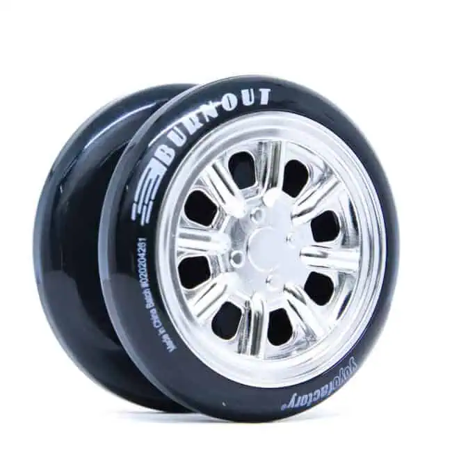 Burnout yo-yo wheel with chrome finish and black outer rim for professional yo-yo tricks.
