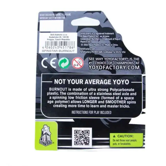YoYoFactory Burnout yo-yo in packaging with safety and product details.