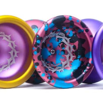 Vibrant YoYoFactory yoyos in yellow, pink, blue, and purple for professional and beginner players.