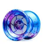 Vibrant blue and purple Shuttle Wide Angle yo-yo with splatter design for advanced tricks.