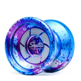Vibrant blue and purple Shuttle Wide Angle yo-yo with splatter design for advanced tricks.