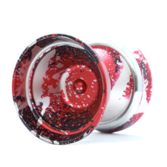 Red, black, and silver stainless-rim yoyo for performance tricks.