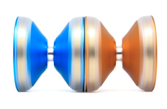 Colorful signature yo-yo with blue, silver, and orange hues for professional tricks.