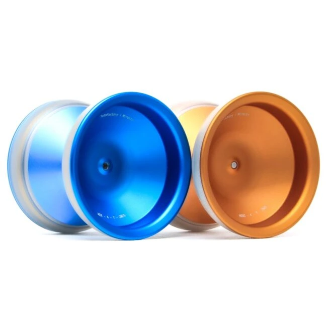 Colorful YoYoFactory Europe bimetal yo-yos in blue, orange, and silver.