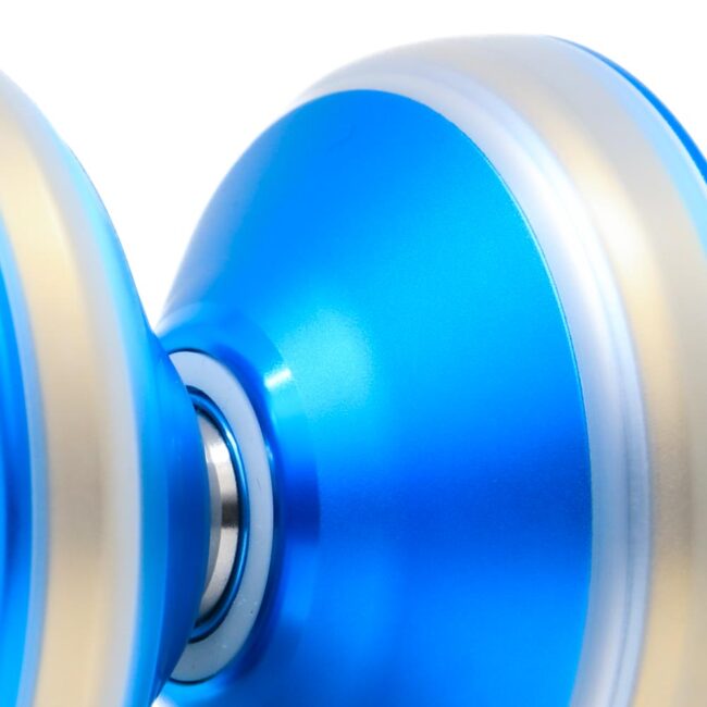 Close-up of blue and white signature yo-yo for professional tricks.