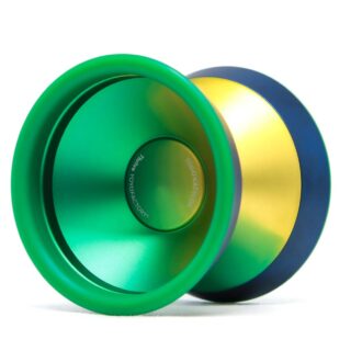 Colorful Togo Katsuda Signature Bimetal YoYo in green, yellow, and blue.