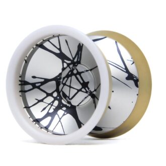 Modern yoyo-inspired clock with black splatter design on white face.