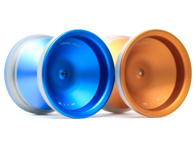 Colorful YoYoFactory Europe bimetal yo-yos in blue, orange, and silver.