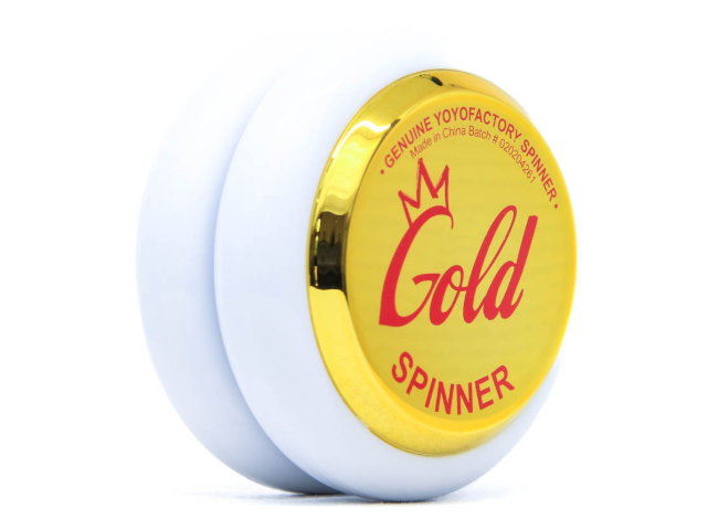 Gold YoYoFactory spinner with yellow and red design for beginners.